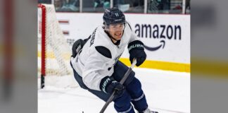 Mackie Samoskevich Injury: Kraken Winger Out Day-to-Day Mackie Samoskevich skating in a Seattle Kraken jersey during practice