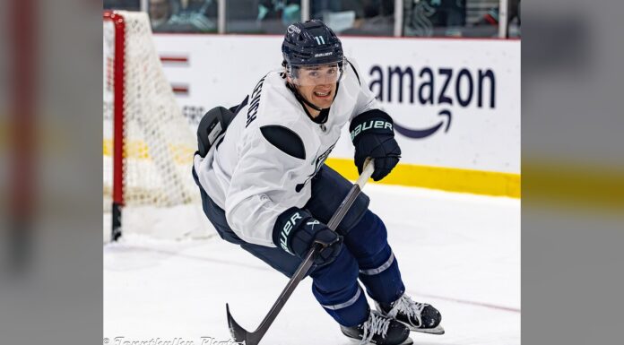 Mackie Samoskevich Injury: Kraken Winger Out Day-to-Day Mackie Samoskevich skating in a Seattle Kraken jersey during practice