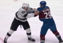 Nathan MacKinnon Fight: Avs Star Drops Kings’ Brandt Clarke Avalanche center Nathan MacKinnon fights Kings defenseman Brandt Clarke in the 2026-27 season opener at Ball Arena