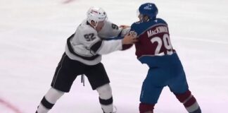 Nathan MacKinnon Fight: Avs Star Drops Kings’ Brandt Clarke Avalanche center Nathan MacKinnon fights Kings defenseman Brandt Clarke in the 2026-27 season opener at Ball Arena
