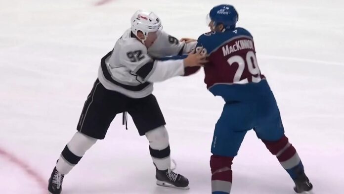 Nathan MacKinnon fights Brandt Clarke Avalanche center Nathan MacKinnon fights Kings defenseman Brandt Clarke in the 2026-27 season opener at Ball Arena