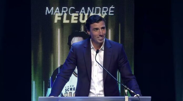Fleury Hall of Fame: Crosby Video Message Brought Him to Tears Marc-Andre Fleury speaks at the podium during his QMJHL Hall of Fame induction in Quebec City
