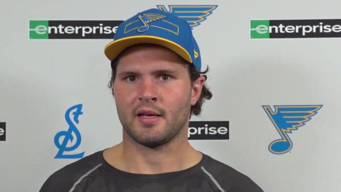 Mason McTavish Blues trade chip on shoulder 2026 St. Louis Blues center Mason McTavish speaks to reporters after an informal skate at Centene Community Ice Center