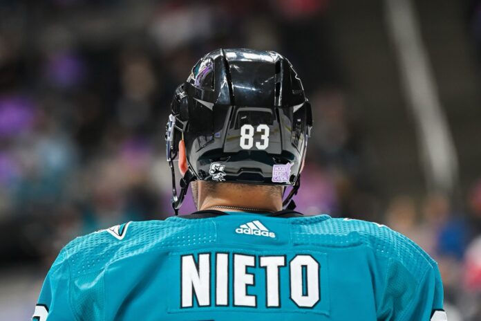 Matt Nieto retirement Sharks 83 Matt Nieto San Jose Sharks No. 83 teal jersey and helmet from behind, retirement announcement