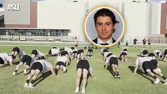 Matthew Mayich ASU workout video Matthew Mayich headshot over a screenshot of the Aug. 20 Arizona State hockey workout at Sun Angel Stadium
