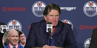 Messier ‘Horrified’ by Oilers Hiring Babcock as Coach Mike Babcock at Oilers press conference with inset photo of Mark Messier in an Oilers jersey