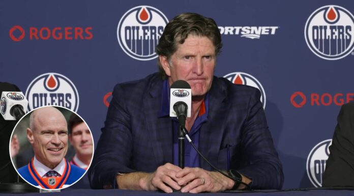 Messier ‘Horrified’ by Oilers Hiring Babcock as Coach Mike Babcock at Oilers press conference with inset photo of Mark Messier in an Oilers jersey