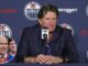 Messier ‘Horrified’ by Oilers Hiring Babcock as Coach Mike Babcock at Oilers press conference with inset photo of Mark Messier in an Oilers jersey