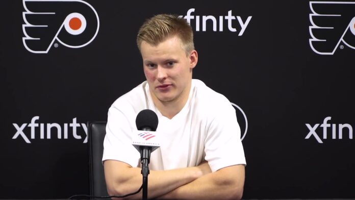 Matvei Michkov Flyers training camp presser 2026 Matvei Michkov speaks in English at Philadelphia Flyers training camp media availability