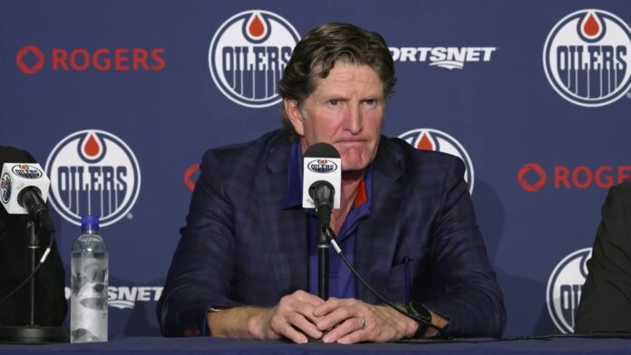 Mike Babcock speaks at his introductory press conference as Edmonton Oilers head coach