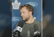 Morgan Rielly speaks to the media at Toronto Maple Leafs training camp amid trade rumors
