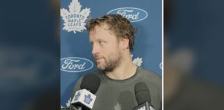 Morgan Rielly speaks to the media at Toronto Maple Leafs training camp amid trade rumors
