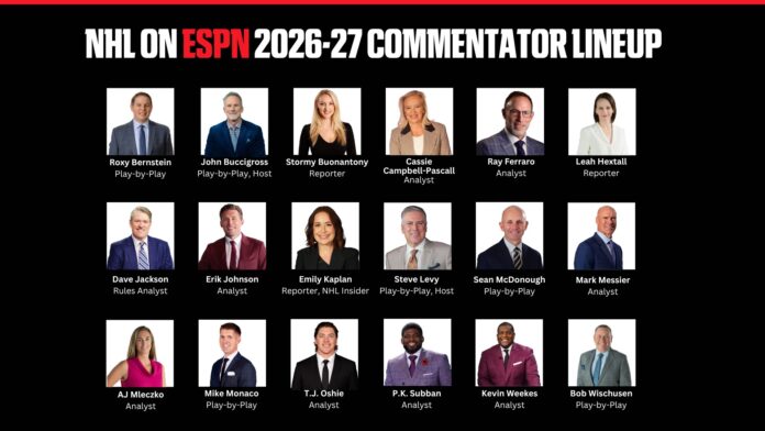 NHL on ESPN 2026-27 commentator lineup NHL on ESPN 2026-27 commentator lineup graphic featuring Sean McDonough, Steve Levy, Mark Messier, P.K. Subban, T.J. Oshie, Emily Kaplan and Ray Ferraro