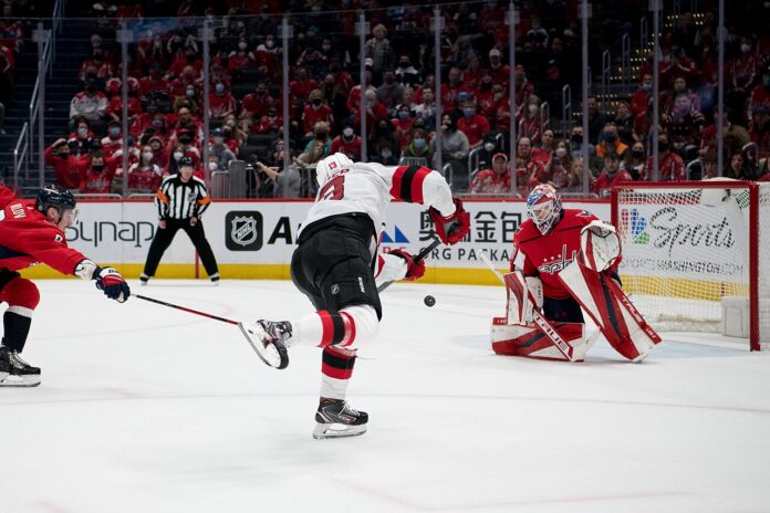 Nico Hischier scores the game winner against Washington Nico Hischier of the New Jersey Devils shoots the puck past Capitals goalie Ilya Samsonov