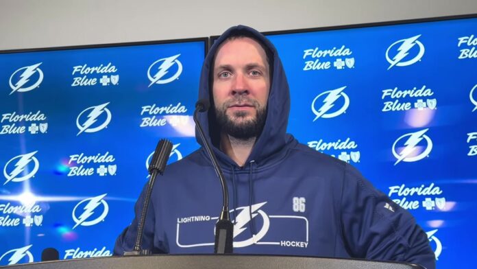 Nikita Kucherov Lightning media day 2026 Tampa Bay Lightning forward Nikita Kucherov speaks at 2026-27 media day