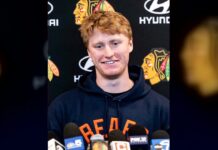 Oliver Moore Extension: Blackhawks Lock Up Rising Winger Oliver Moore speaks to reporters at a Chicago Blackhawks media availability