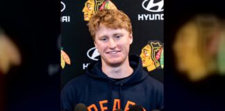 Oliver Moore Extension: Blackhawks Lock Up Rising Winger Oliver Moore speaks to reporters at a Chicago Blackhawks media availability