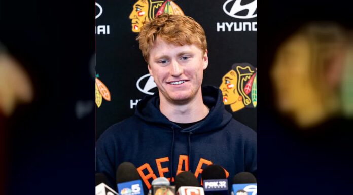 Oliver Moore Extension: Blackhawks Lock Up Rising Winger Oliver Moore speaks to reporters at a Chicago Blackhawks media availability