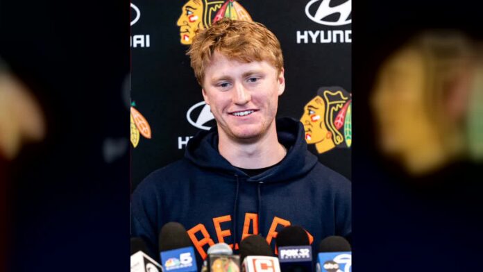 oliver-moore-blackhawks-presser Oliver Moore speaks to reporters at a Chicago Blackhawks media availability