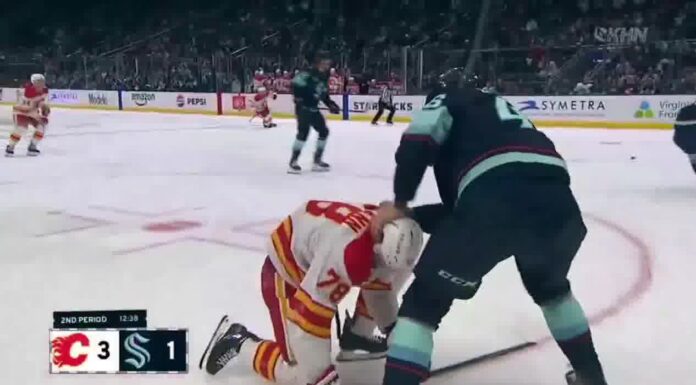 Ottavainen Fined, Avoids Suspension for Punching Othmann Ville Ottavainen grabs Brennan Othmann during Kraken-Flames preseason fight