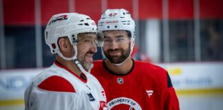 Ovechkin New Stick: ‘MVO’ Honors His Late Father Alex Ovechkin smiles alongside Tom Wilson at the Capitals informal skate before 2026-27 training camp