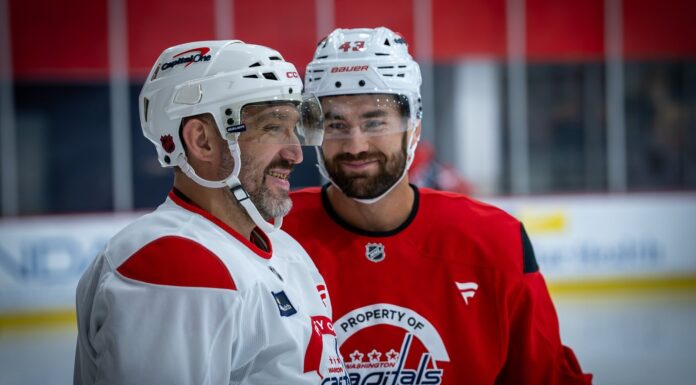 Ovechkin New Stick: ‘MVO’ Honors His Late Father Alex Ovechkin smiles alongside Tom Wilson at the Capitals informal skate before 2026-27 training camp