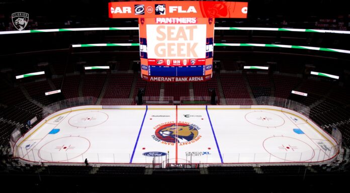 Panthers Center Ice Logo: The Stanley Cup Design Is Gone Amerant Bank Arena ice with the Florida Panthers new center ice logo for the 2026-27 season