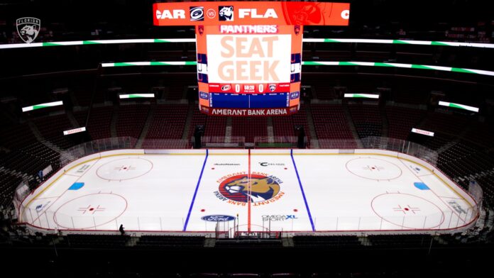Amerant Bank Arena ice with the Florida Panthers new center ice logo for the 2026-27 season