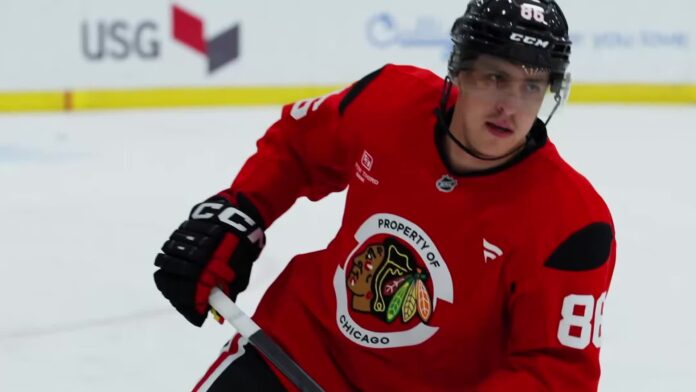 Patrick Kane Blackhawks training camp 2026 Patrick Kane skates in a Chicago Blackhawks practice jersey on the first day of training camp in September 2026
