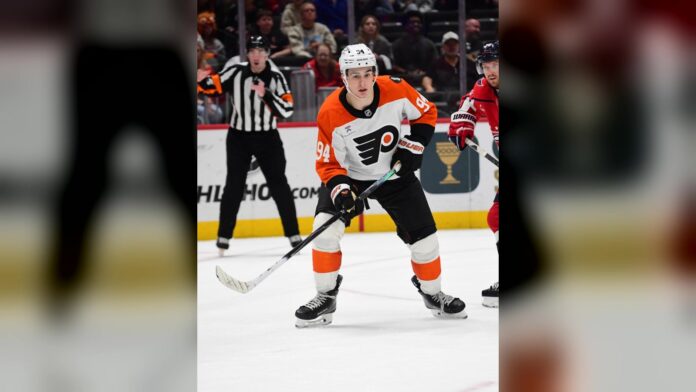 Porter Martone Flyers forward skating during his NHL debut at Capital One Arena