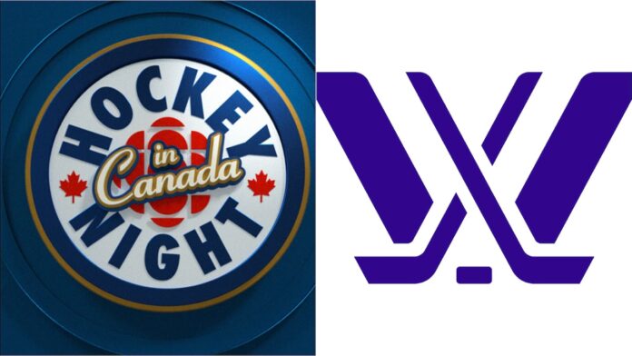 PWHL Hockey Night in Canada CBC partnership Hockey Night in Canada logo beside the PWHL logo for the CBC and PWHL broadcast partnership