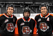 Ruck Brothers Line Up Together, Liam Answers With a Hat Trick Liam Ruck, Landon Ruck and Markus Ruck in Medicine Hat Tigers jerseys before a WHL preseason game