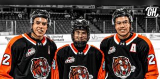 Ruck Brothers Line Up Together, Liam Answers With a Hat Trick Liam Ruck, Landon Ruck and Markus Ruck in Medicine Hat Tigers jerseys before a WHL preseason game