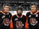 Liam Ruck, Landon Ruck and Markus Ruck in Medicine Hat Tigers jerseys before a WHL preseason game