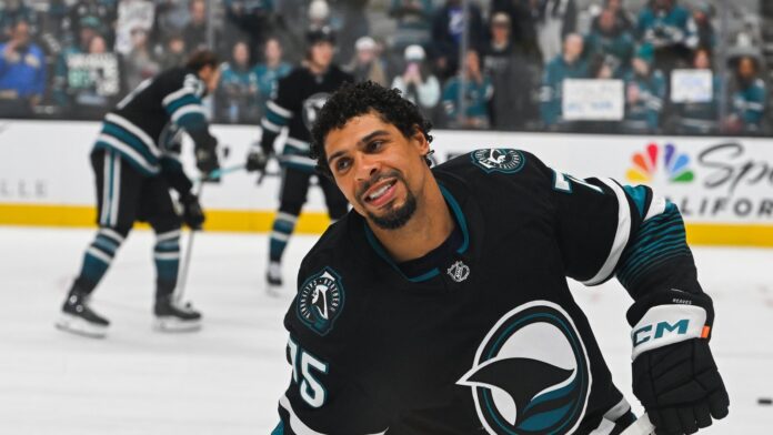 Ryan Reaves retirement Sharks San Jose Sharks right wing Ryan Reaves warms up at SAP Center before a game against the Utah Mammoth