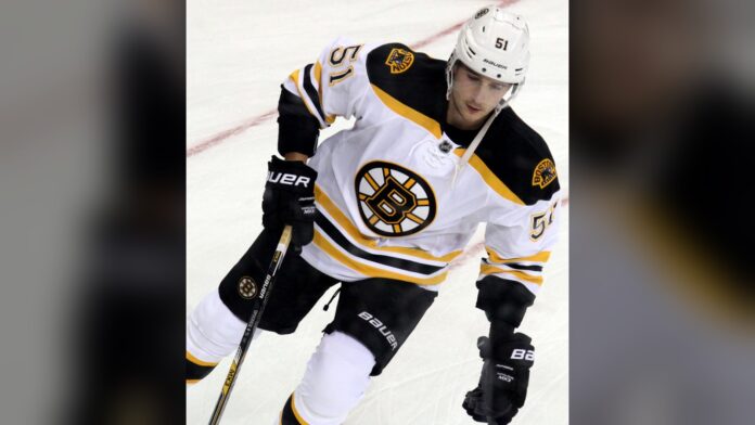 Ryan Spooner skates for the Boston Bruins in 2015 before his Dukla Trencin signing