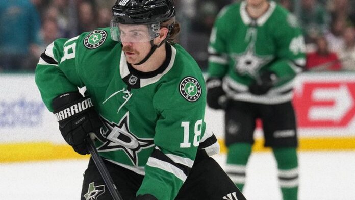 Sam Steel signing Stars extension Sam Steel skates with the puck for the Dallas Stars after signing a four-year contract extension