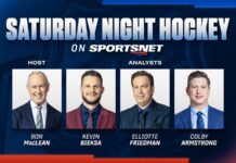 Saturday Night Hockey Replaces Hockey Night in Canada Saturday Night Hockey on Sportsnet panel graphic with Ron MacLean, Kevin Bieksa, Elliotte Friedman and Colby Armstrong for the 2026-27 NHL season