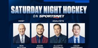 Saturday Night Hockey Replaces Hockey Night in Canada Saturday Night Hockey on Sportsnet panel graphic with Ron MacLean, Kevin Bieksa, Elliotte Friedman and Colby Armstrong for the 2026-27 NHL season