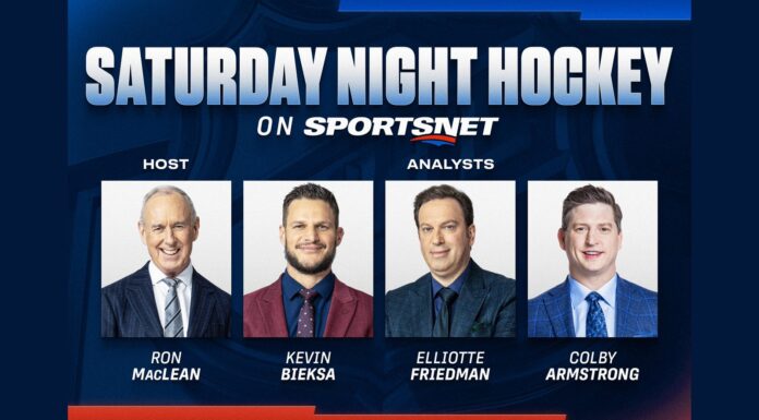 Saturday Night Hockey Replaces Hockey Night in Canada Saturday Night Hockey on Sportsnet panel graphic with Ron MacLean, Kevin Bieksa, Elliotte Friedman and Colby Armstrong for the 2026-27 NHL season
