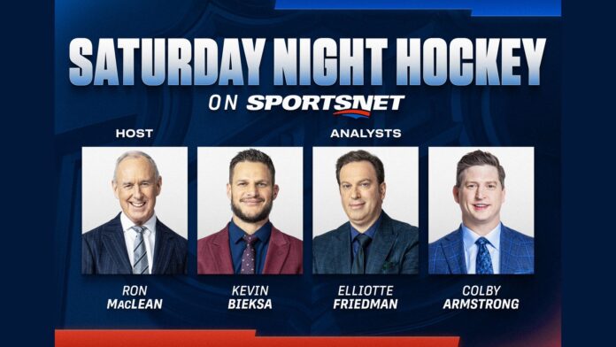 Saturday Night Hockey Sportsnet 2026-27 panel Saturday Night Hockey on Sportsnet panel graphic with Ron MacLean, Kevin Bieksa, Elliotte Friedman and Colby Armstrong for the 2026-27 NHL season