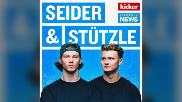 Moritz Seider and Tim Stutzle podcast cover Moritz Seider and Tim Stutzle on the cover art for their Seider & Stutzle hockey podcast from kicker and Eishockey NEWS