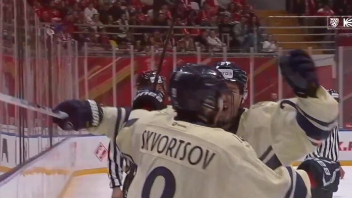 Sergei Skvortsov first KHL goal Torpedo 2027 NHL Draft Sergei Skvortsov celebrates his first KHL goal for Torpedo Nizhny Novgorod, 2027 NHL Draft prospect