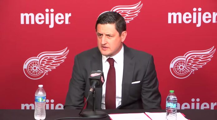 Red Wings interim general manager Shawn Horcoff speaks at a press conference at Little Caesars Arena