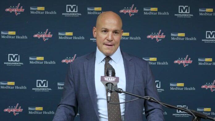 Spencer Carbery Hershey Bears Capitals preseason 2026 Capitals head coach Spencer Carbery speaks to the media at GIANT Center in Hershey after a preseason win over the Flyers