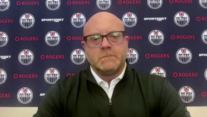 Edmonton Oilers general manager Stan Bowman speaks to media about a possible PTO signing