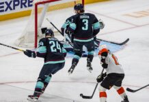Flyers Winger Trade: Konecny, Tippett Drawing Interest Travis Konecny shoots through traffic in front of the Seattle Kraken net
