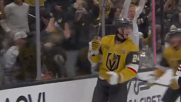 Trevor Connelly first NHL goal celebration Golden Knights Vegas Golden Knights rookie Trevor Connelly celebrates his first NHL goal in his debut against the Chicago Blackhawks at T-Mobile Arena
