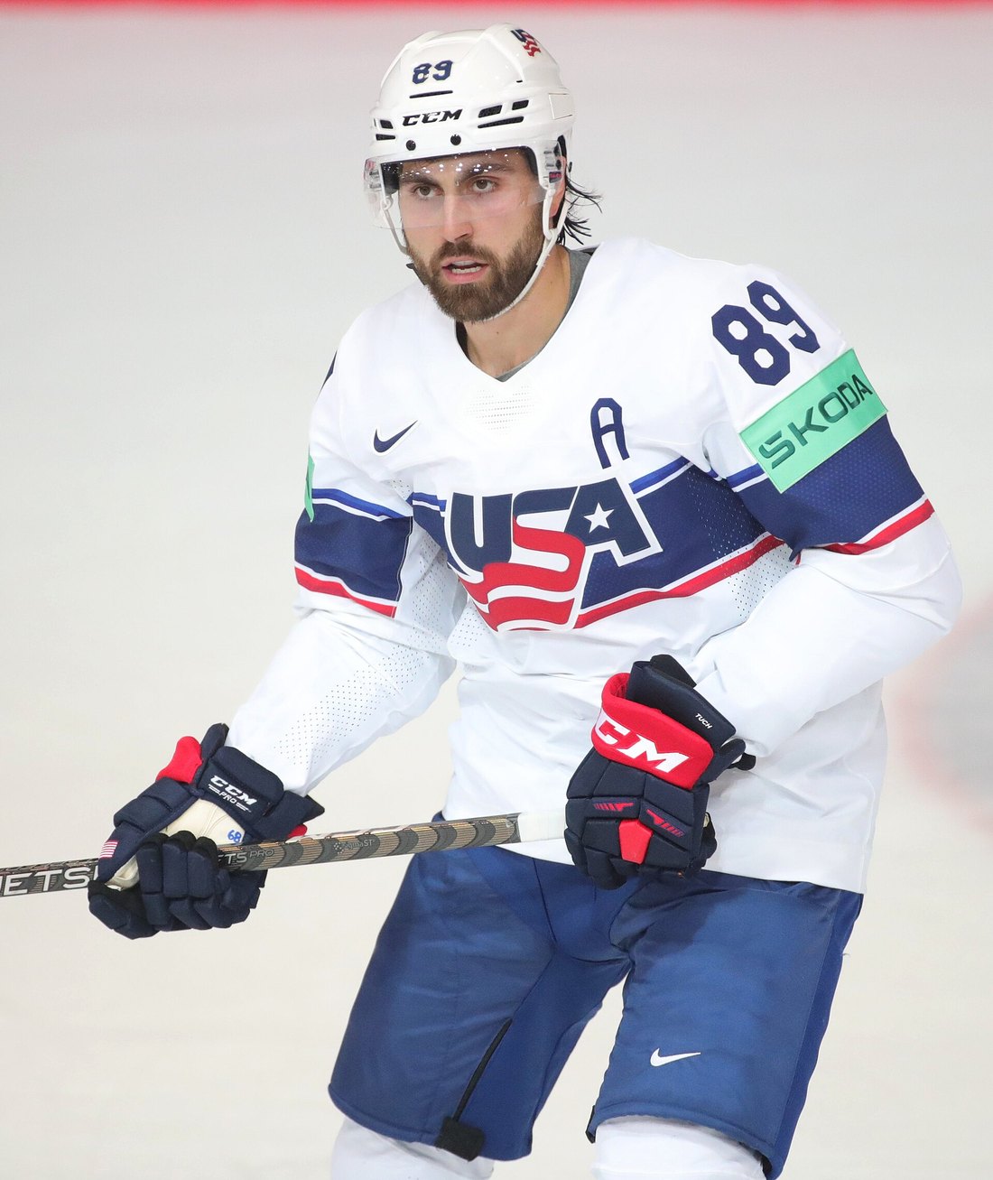 Alex Tuch skating for the United States in a pre-tournament game against Germany in Munich on May 9, 2023