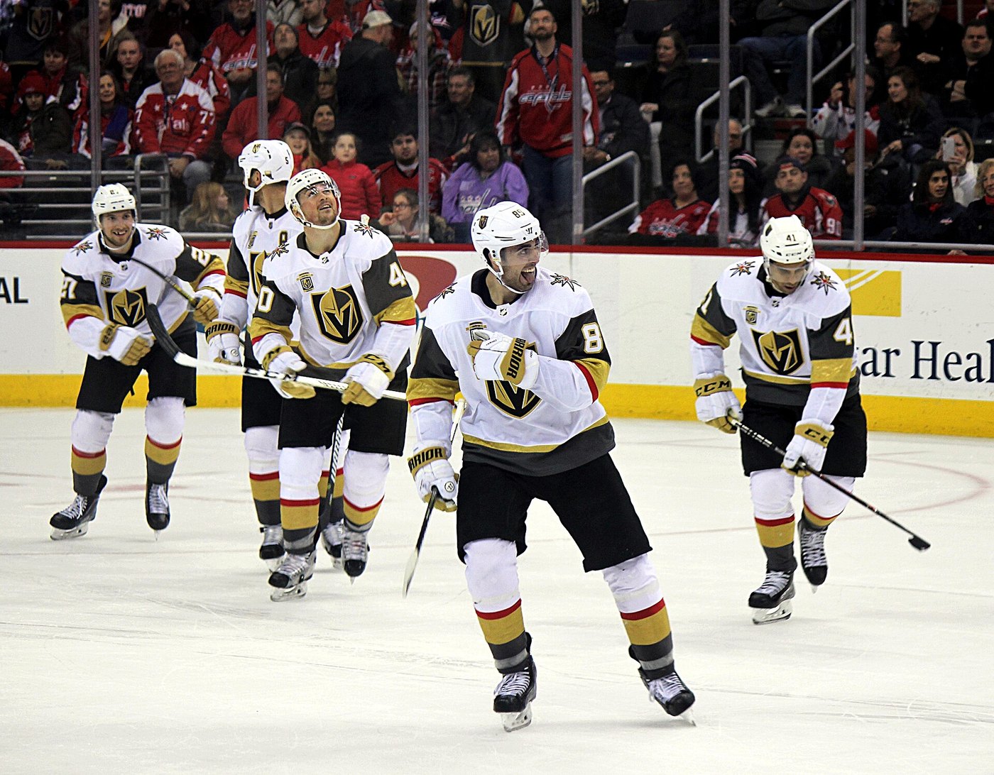 Vegas Golden Knights forward Alex Tuch celebrates a goal against the Washington Capitals at Capital One Arena on February 4, 2018